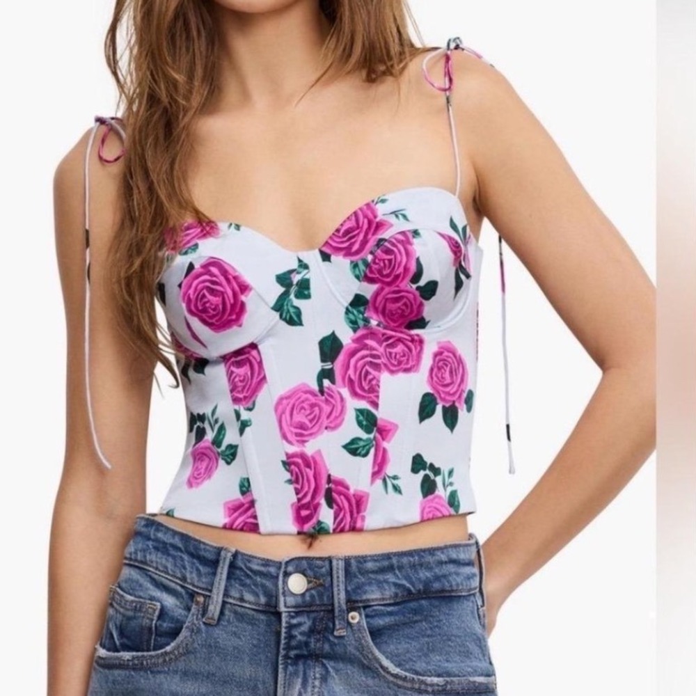 Good American Corset Top Women XS Blue Vintage Rose Floral Bustier NWT GWT0340